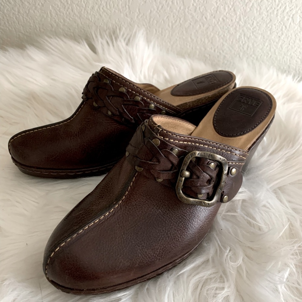 Frye Leather Clogs, Mules with Buckle “Candace” size 9. Fit like 8.5. EUC